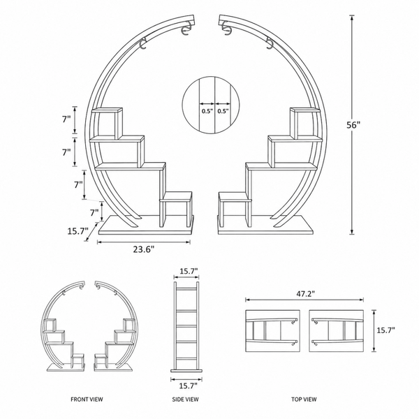 Schematic diagram showing the exact dimensions and 56 inch height of the half moon tiered plant stand to help customers plan their space.