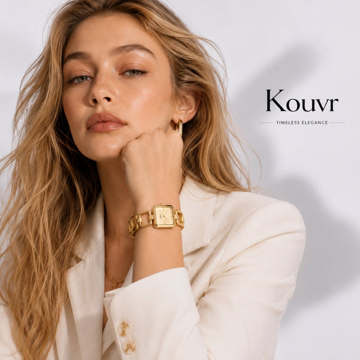 Elegant blonde fashion model wearing a sophisticated white blazer accessorized with the Kouvr vintage style gold chain link charm watch.
