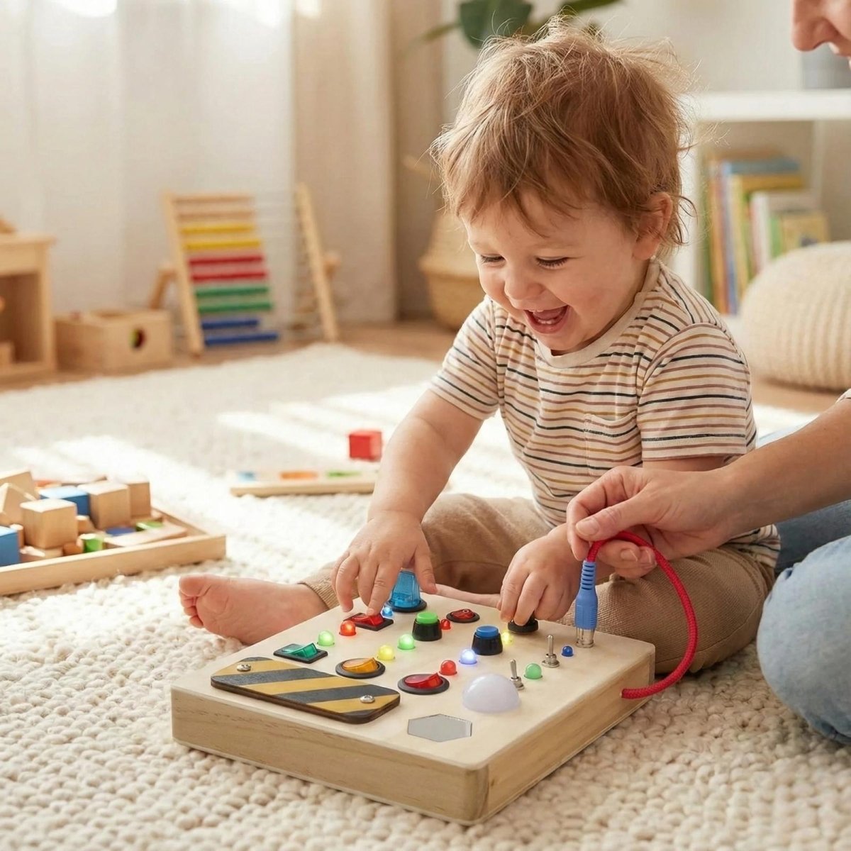 A happy toddler boy with blonde hair laughs while playing with a wooden Kouvr busy board with colored LED lights on a plush white rug.
