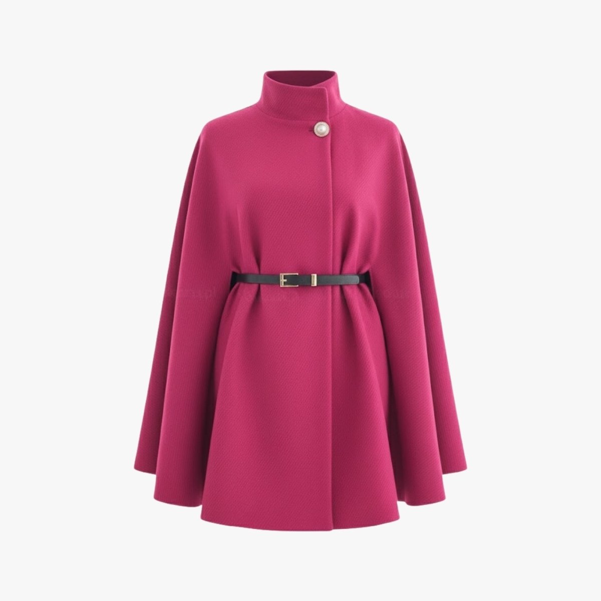 Studio product shot of the Kouvr Traci  cape coat in Pink, featuring the pearl button and black belt.