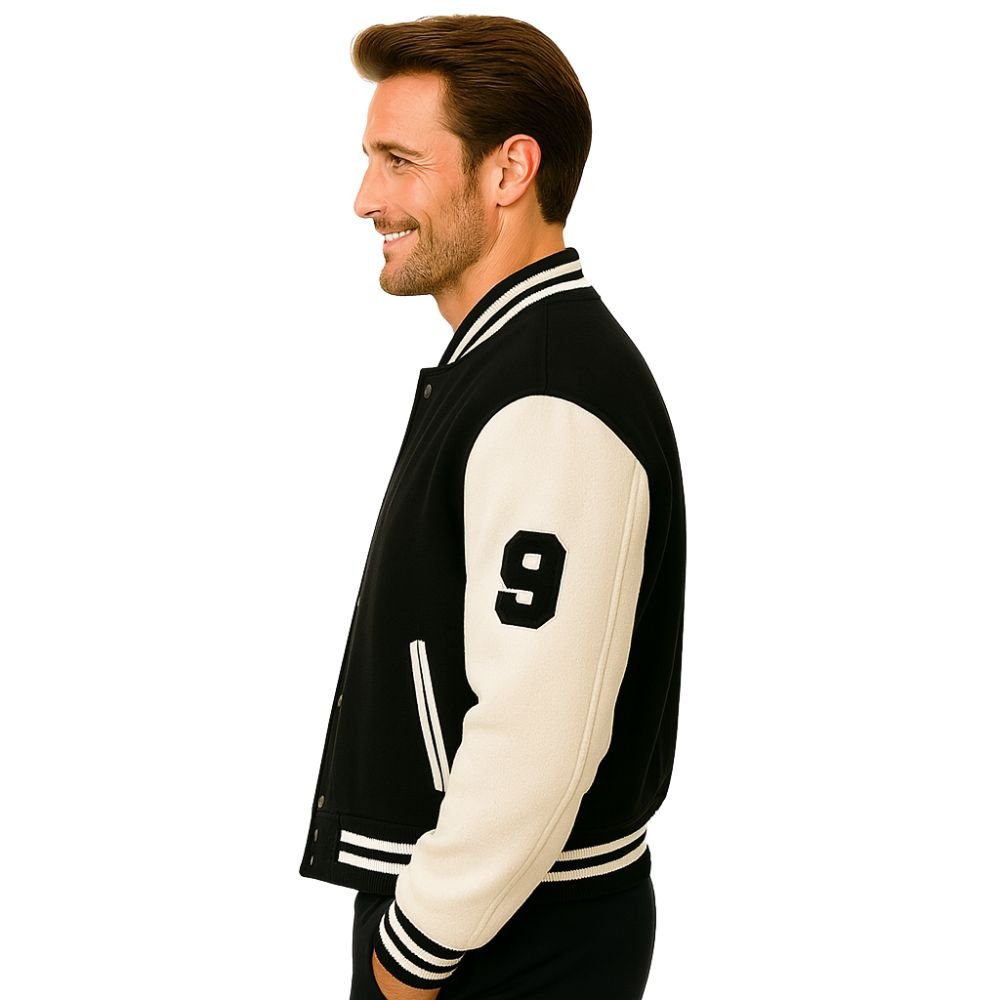 Model wearing the Kouvr Fashion Trainbury men's black and off-white wool letterman jacket