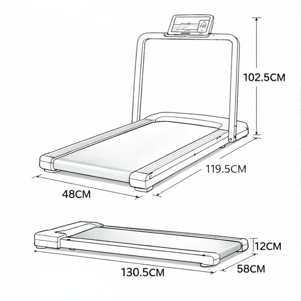Technical schematic showing Kouvr treadmill dimensions unfolded at 102.5cm height and folded flat at 12cm thickness for under-bed storage