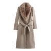 The Kouvr Fashion Trisha long wool wrap coat with shearling collar in oatmeal khaki, laid flat to show its full design and quality.