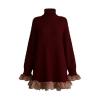 Flat lay product shot of a burgundy turtleneck sweater dress featuring blush pink tulle ruffles on the sleeve cuffs and bottom hem.
