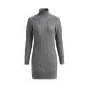Product-only photo of a grey turtleneck cable knit dress, laid flat to show texture and detail of the side slit hem.