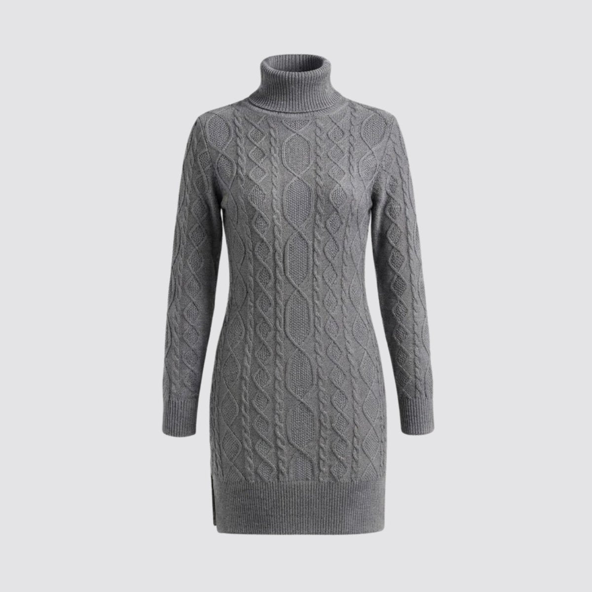 Product-only photo of a grey turtleneck cable knit dress, laid flat to show texture and detail of the side slit hem.