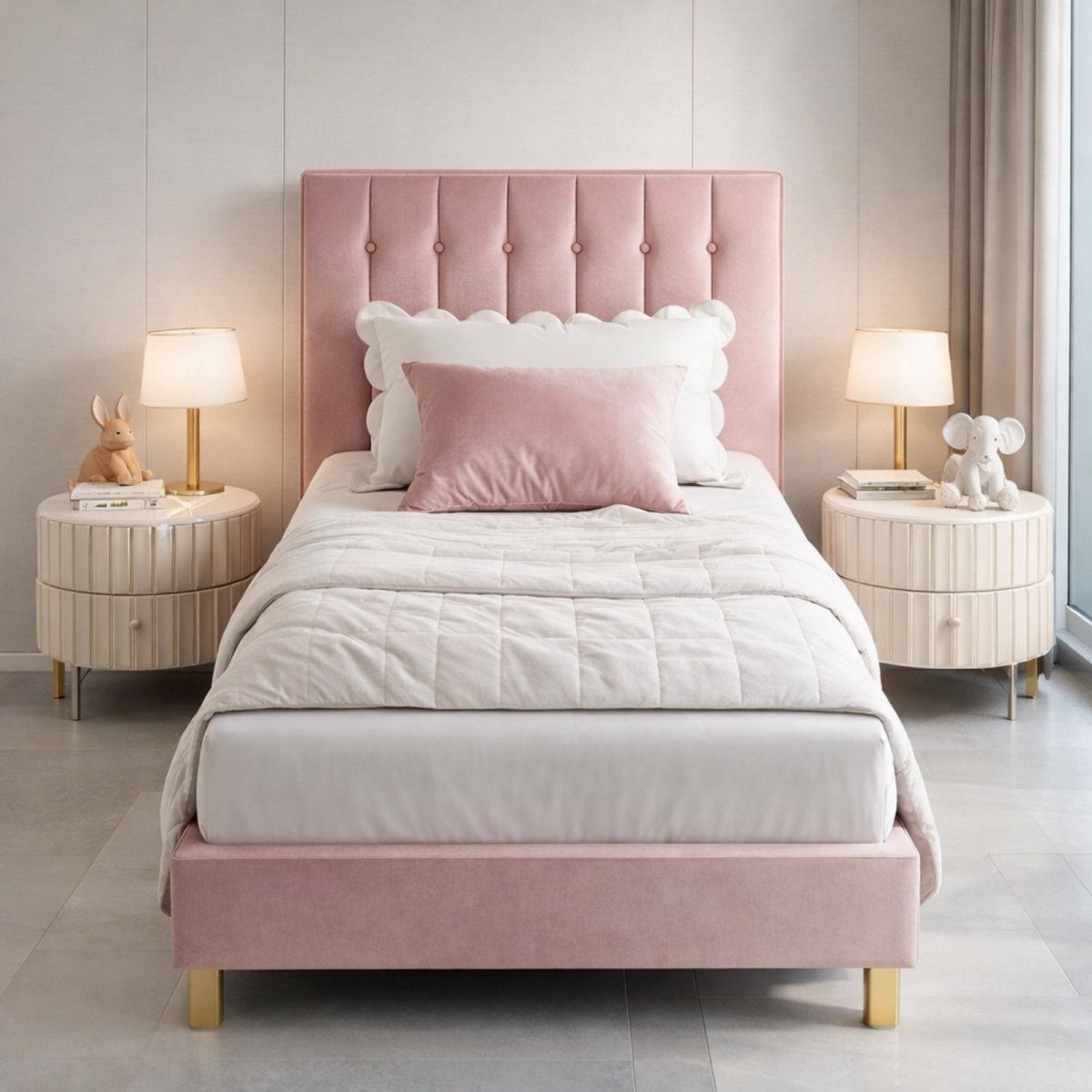 Technical dimension diagram of Kouvr Twin Bed Frame measuring 39.6 inches wide by 74.8 inches long with a 43.3 inch tall headboard.