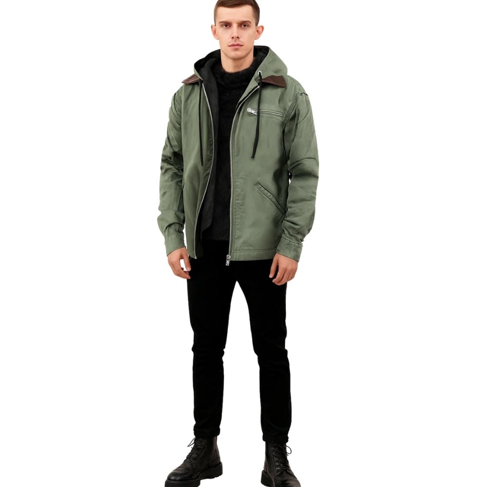 heavyweight cotton canvas', 'warm outdoor coat', 'rugged outerwear', 'men's workwear jacket', 'casual fall jacket', and 'layered look hoodie