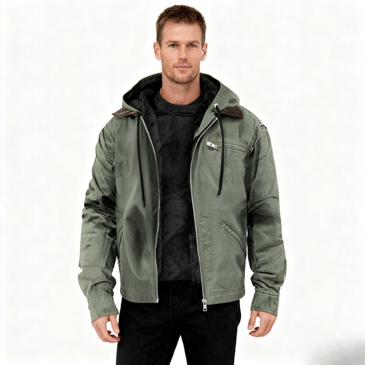 Man wearing a green jacket with a hood on a white background