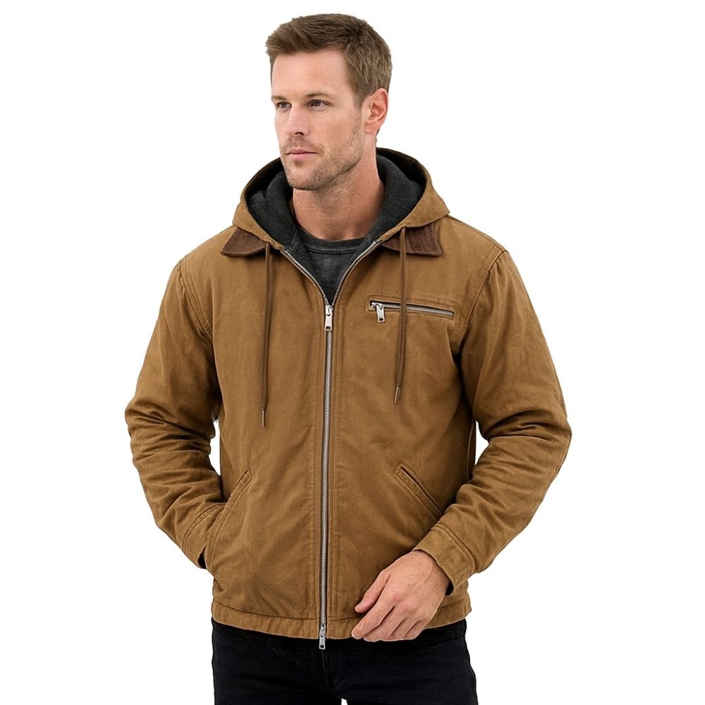Man wearing the Kouvr tyrian sherpa-lined brown canvas hooded jacket, facing front with hands in pockets.