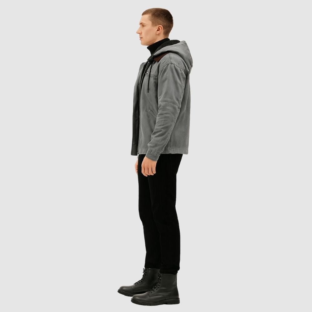 Front view of the Men's Kouvr Tyrian sherpa lined hooded work jacket in Coyote Brown.