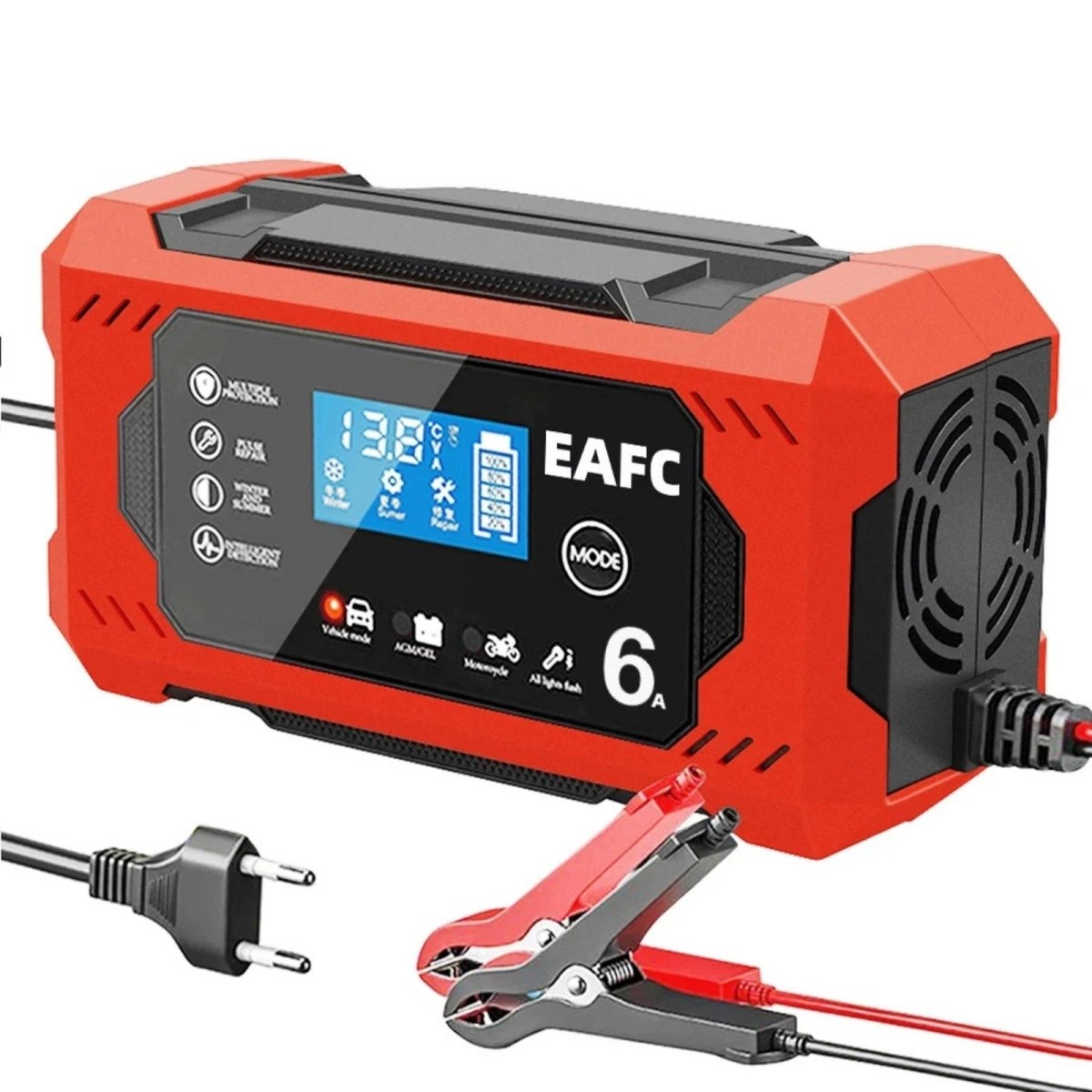 The Kouvr 12V battery charger with icons showing its compatibility with cars, trucks, AGM batteries, and motorcycles.