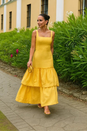 Yellow Tiered Maxi Dress | Square Neck Linen-Blend Ruffle Gown for Summer Wedding Guest & Formal Events | The Valeria Dress by Kouvr Yellow Tiered Maxi Dress | Square Neck Linen-Blend Ruffle Gown for Summer Wedding Guest & Formal Events | The Valeria Dress by Kouvr