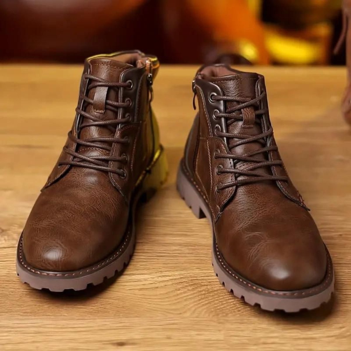 Pair of brown leather boots on a wooden surface