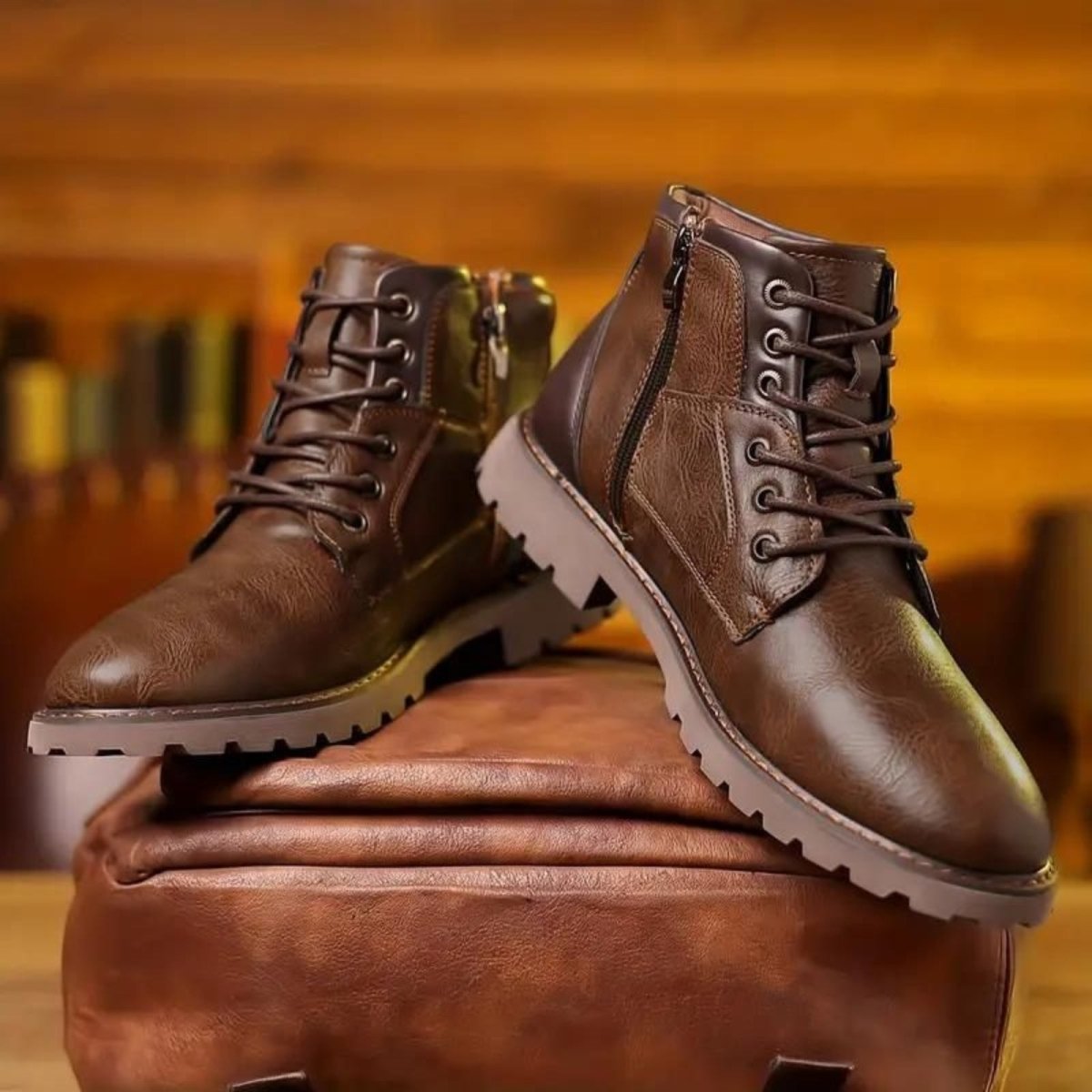 Brown leather boots with a wooden background