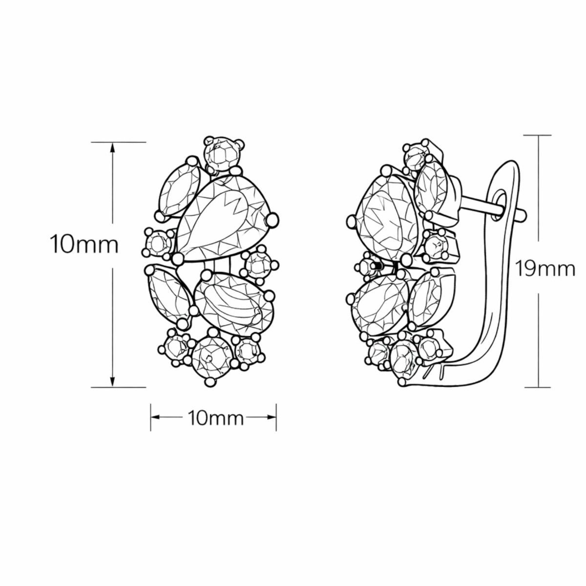 A technical line drawing of the Kouvr Vanya earrings showing precise dimensions: 19mm in total height and 10mm in width.