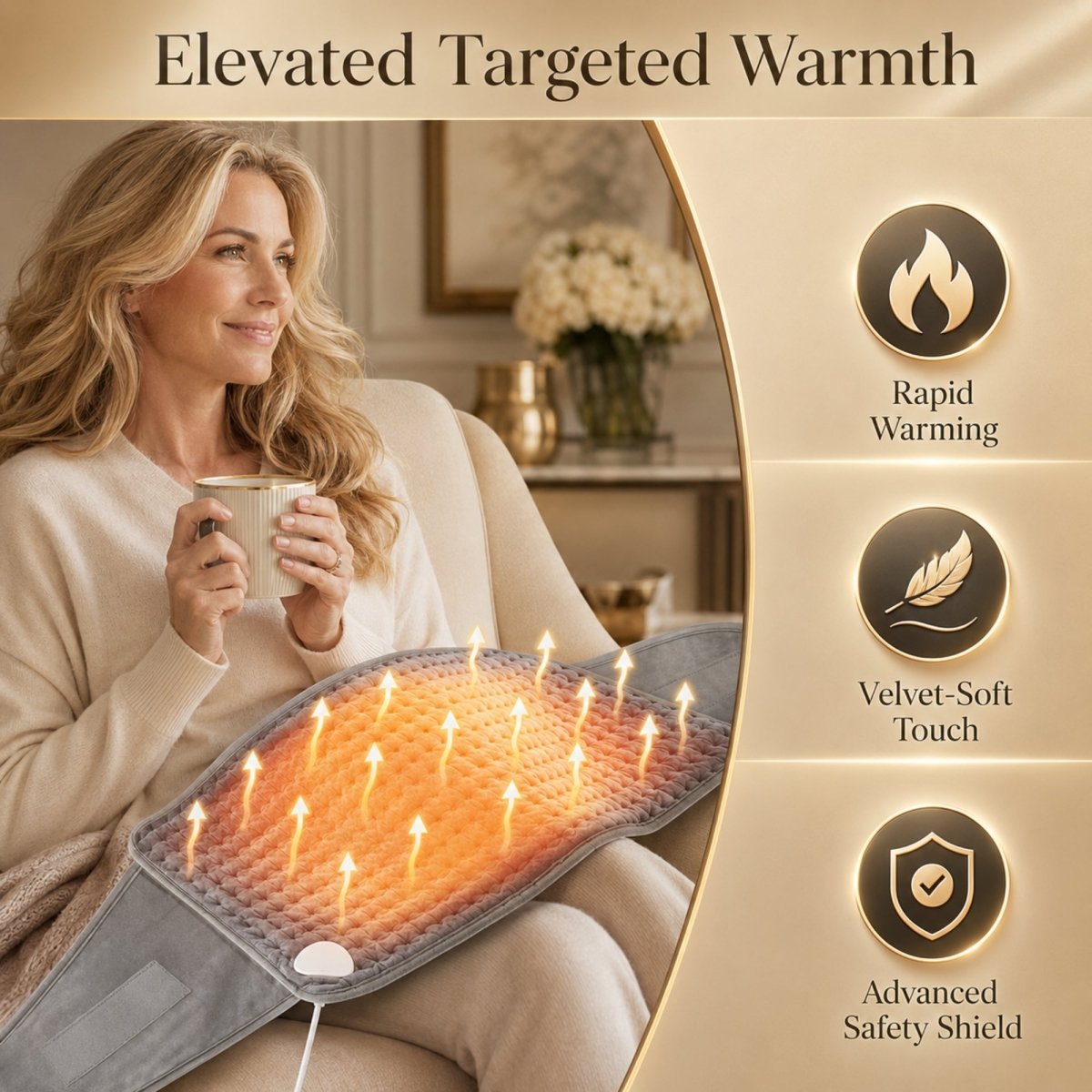 Infographic displaying Kouvr luxury heating pad benefits including rapid warming technology, velvet-soft touch material, and an advanced safety shield.