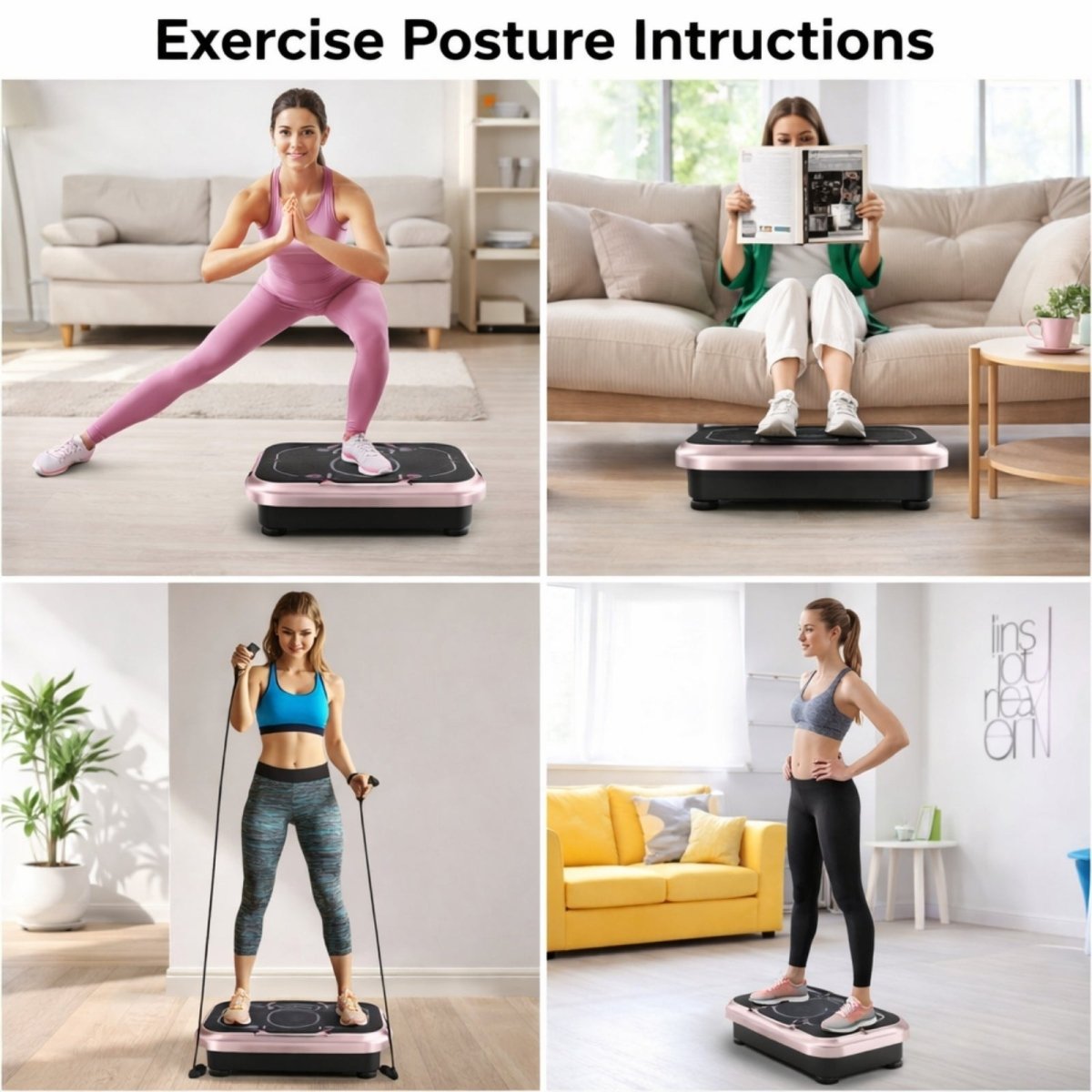 Woman relaxing and reading while standing on the Kouvr vibration plate, demonstrating passive exercise and circulation benefits.