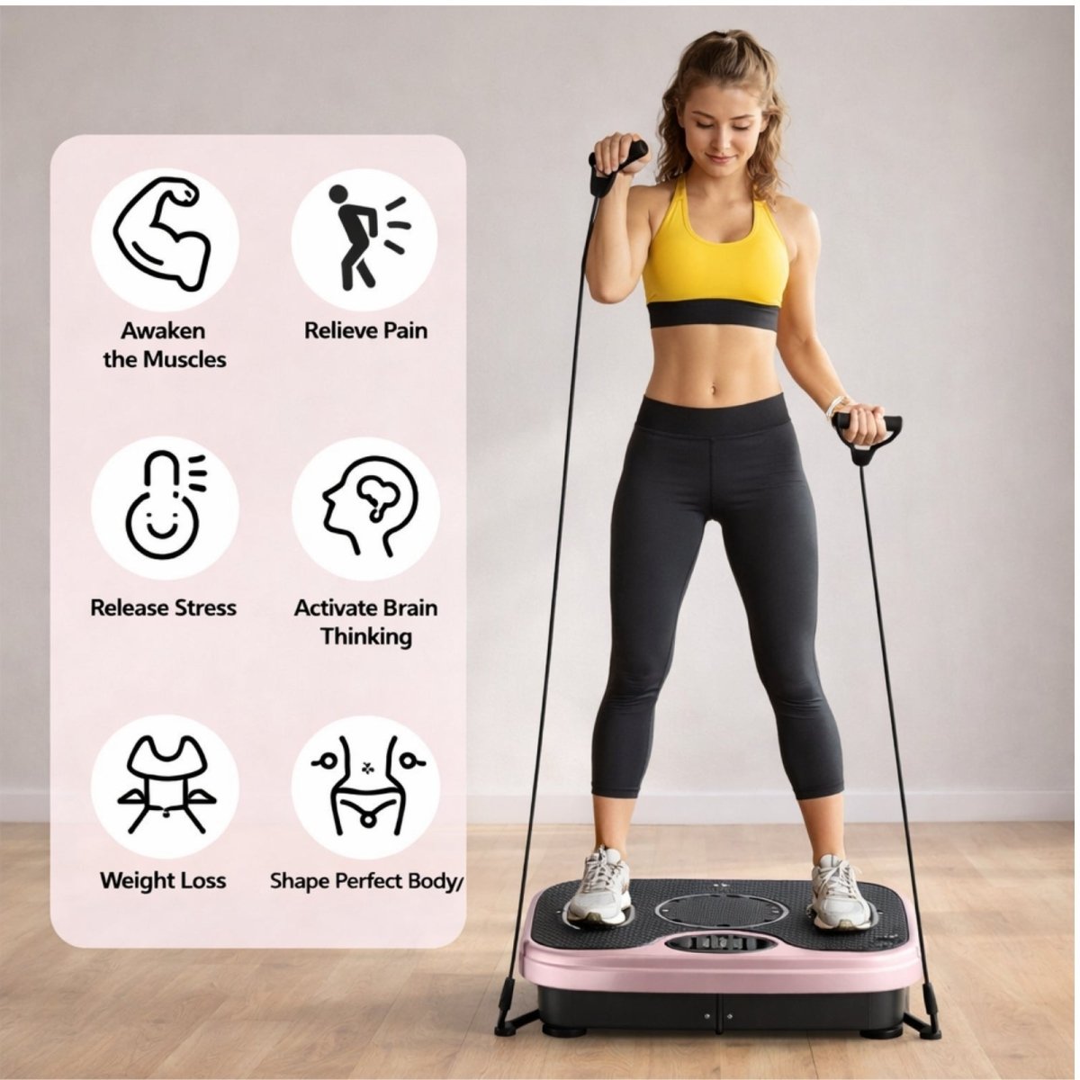Woman using Kouvr rose gold vibration plate with resistance bands for arm toning and core stability in a modern living room.