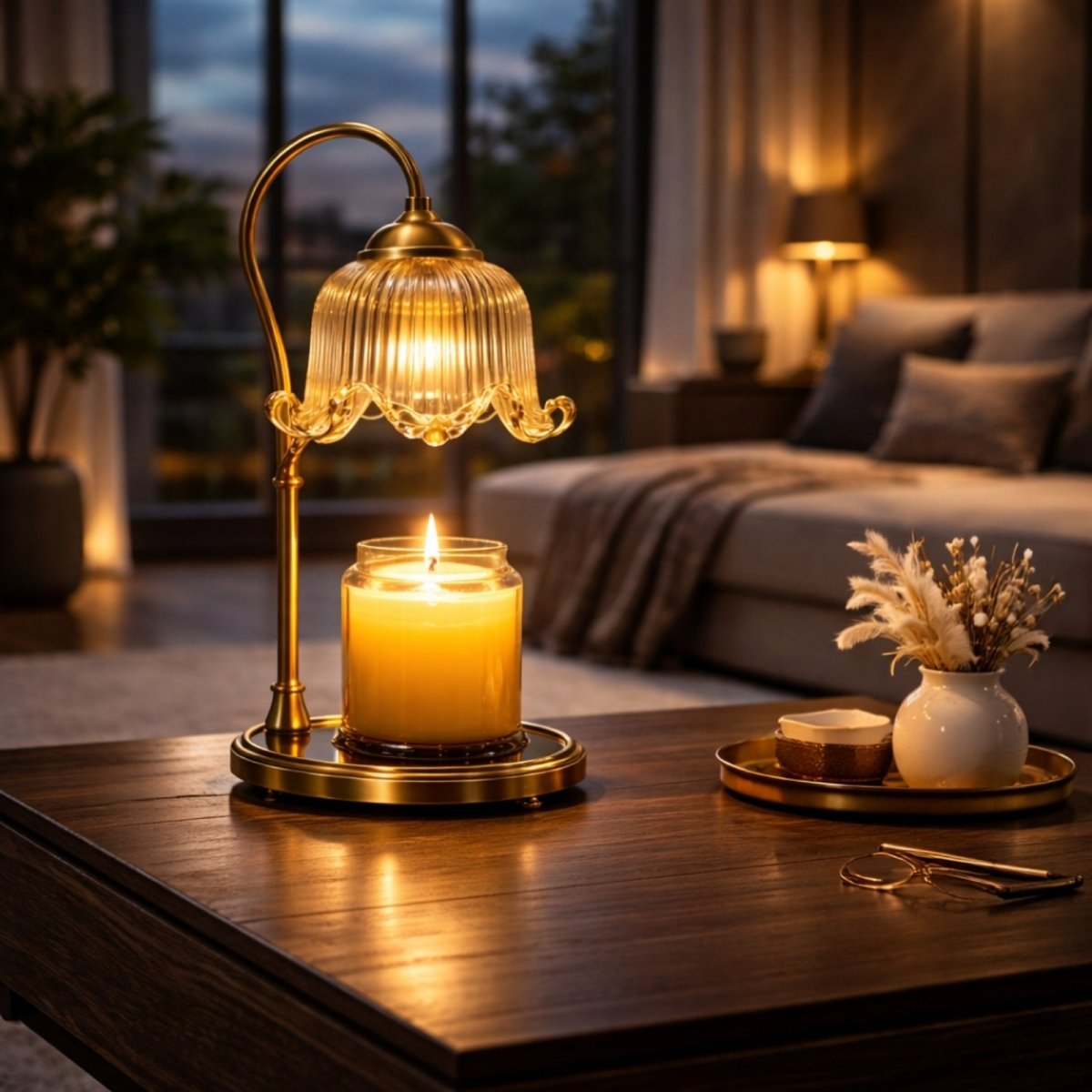 Kouvr gold candle warmer lamp with fluted glass shade glowing warmly on a dark wood coffee table in a cozy luxury living room setting.
