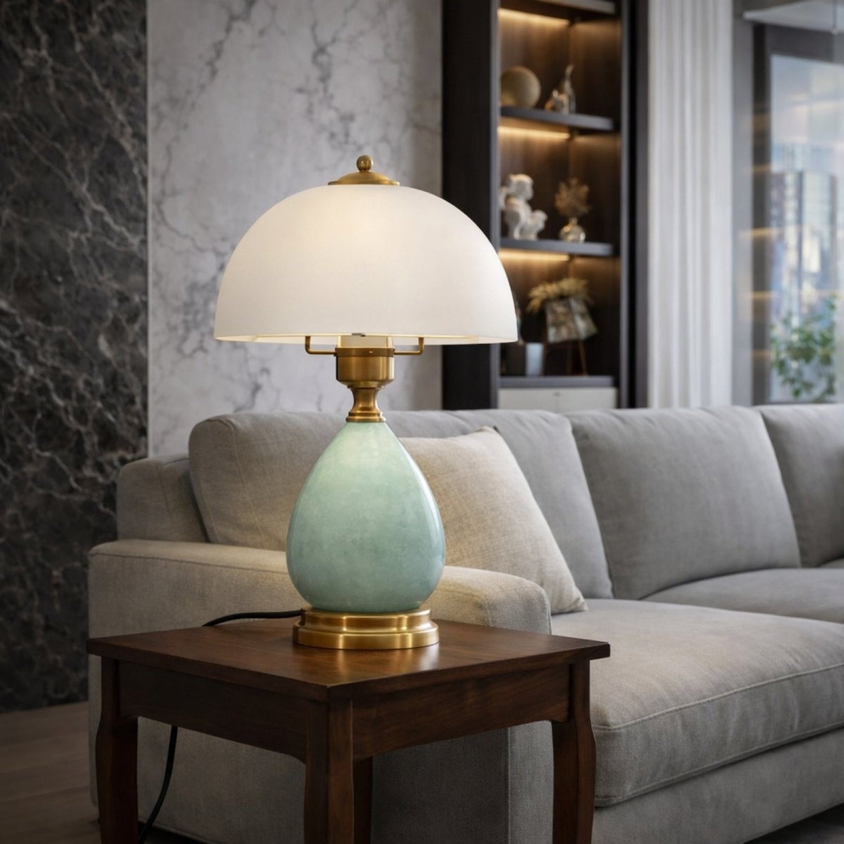 Mid-century modern style ceramic lamp with warm light placed on a wooden side table next to a grey sofa.
