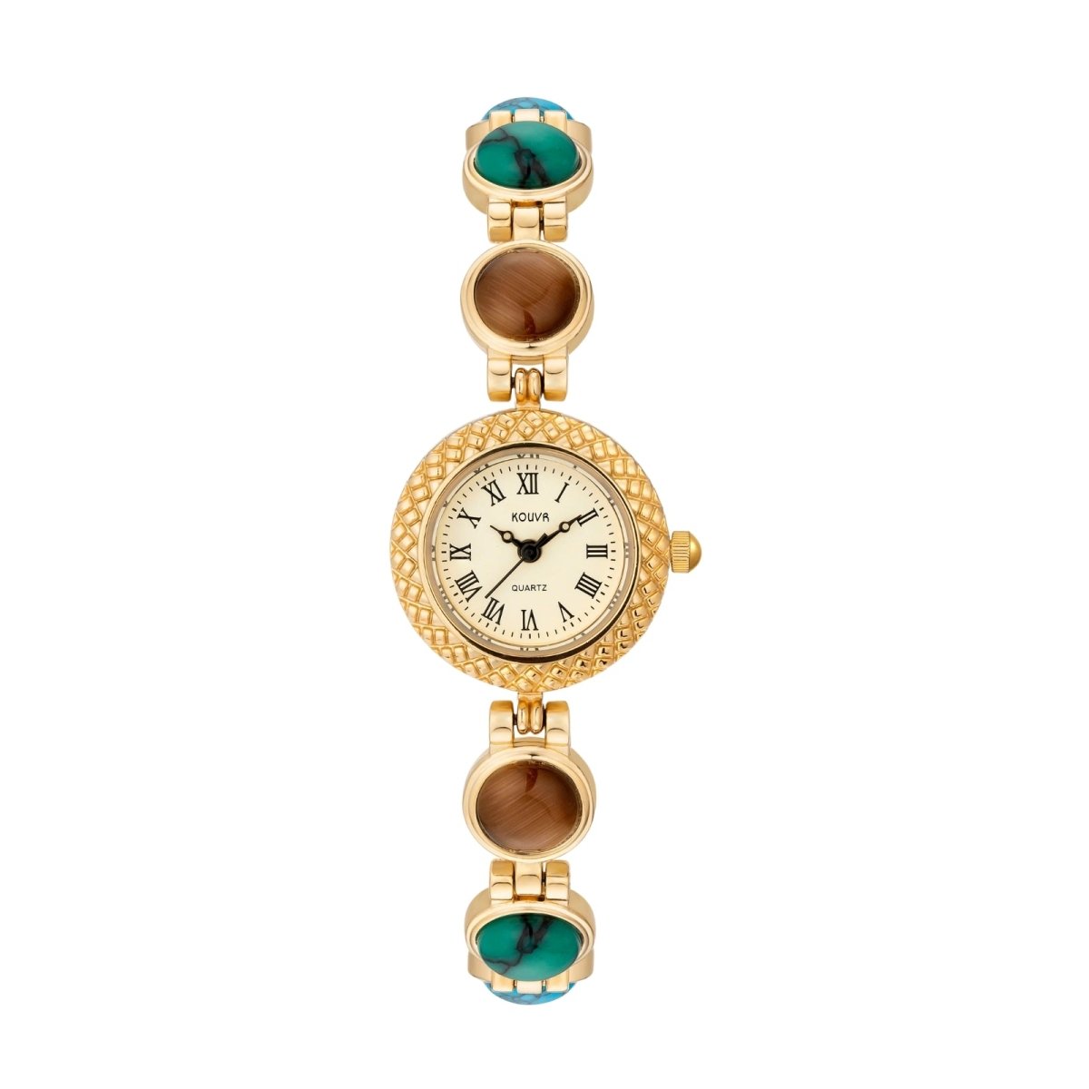 Gold kouvr watch with gemstone accents on a white background