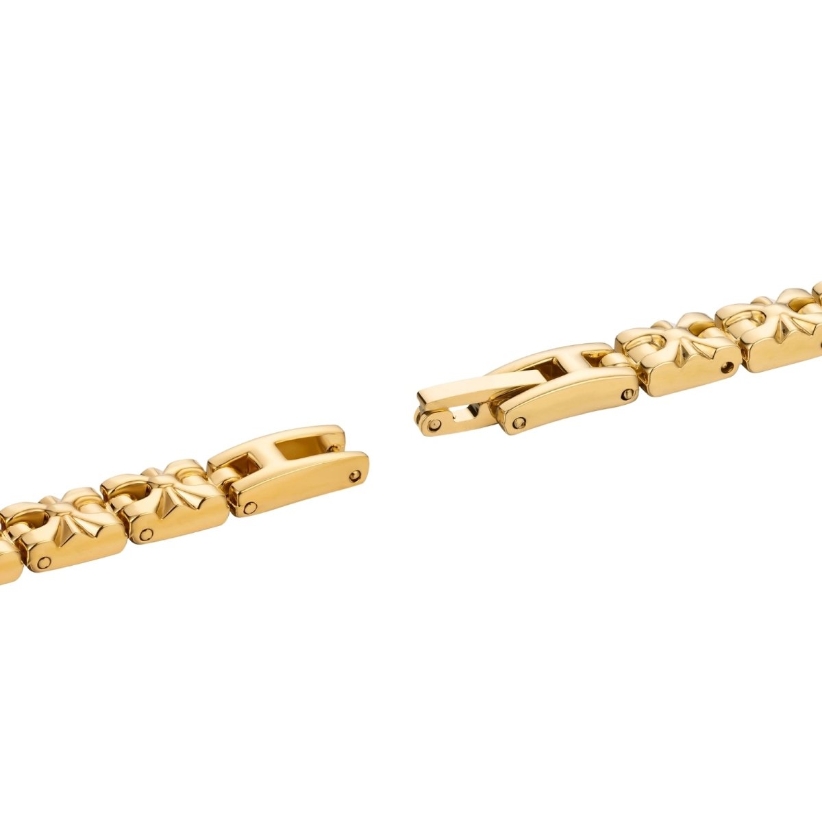 Gold kouvr watch with a white face and Roman numeral markers on a white background