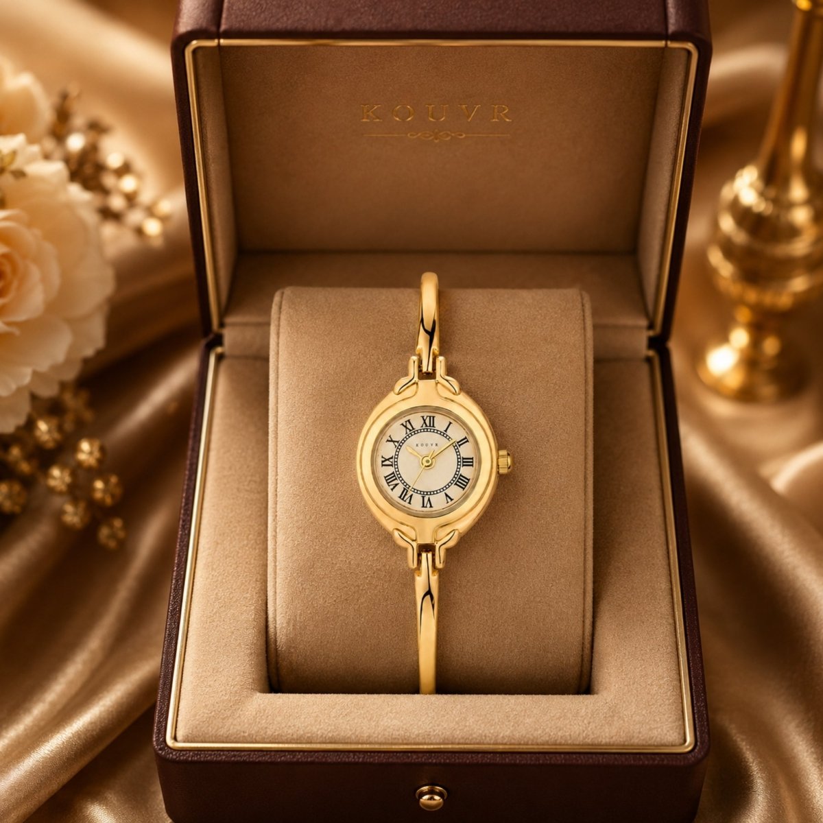  Kouvr vintage gold bangle watch for women beautifully displayed inside a luxury brown leather and tan velvet presentation box.