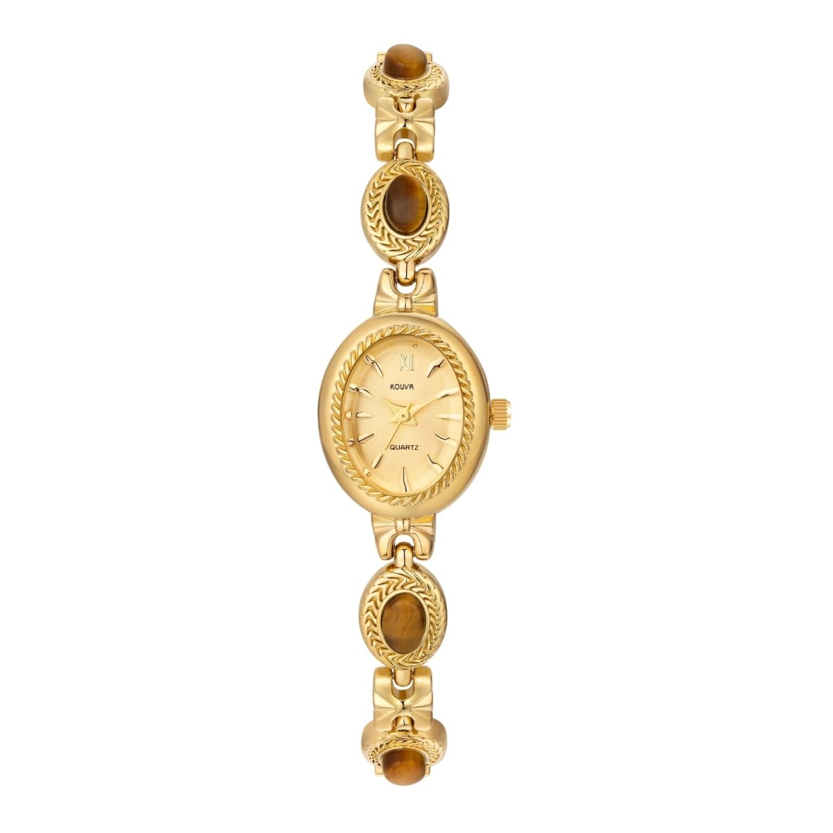 Gold kouvr wristwatch with decorative elements on a white background