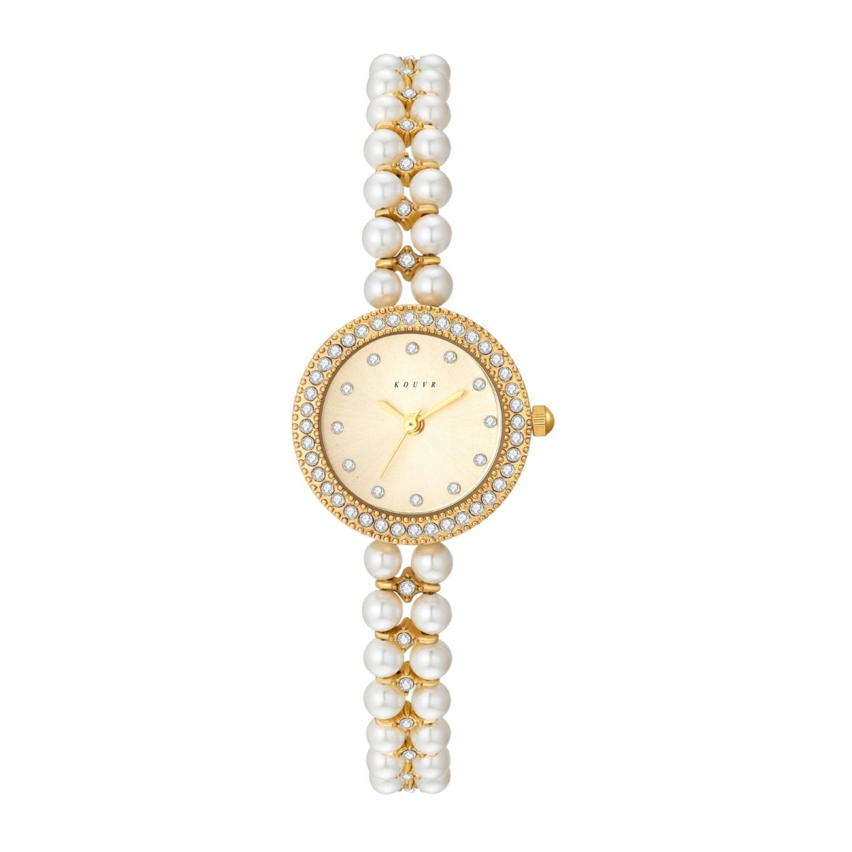 Gold and pearl Kouvr watch on a white background