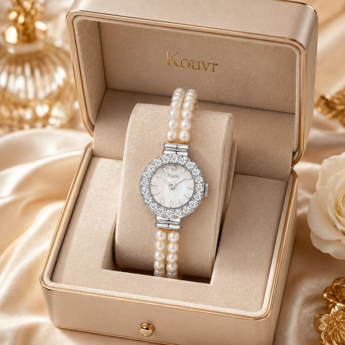 Kouvr vintage style pearl bracelet watch for women featuring a silver crystal bezel and mother of pearl dial presented inside a beige luxury gift box.