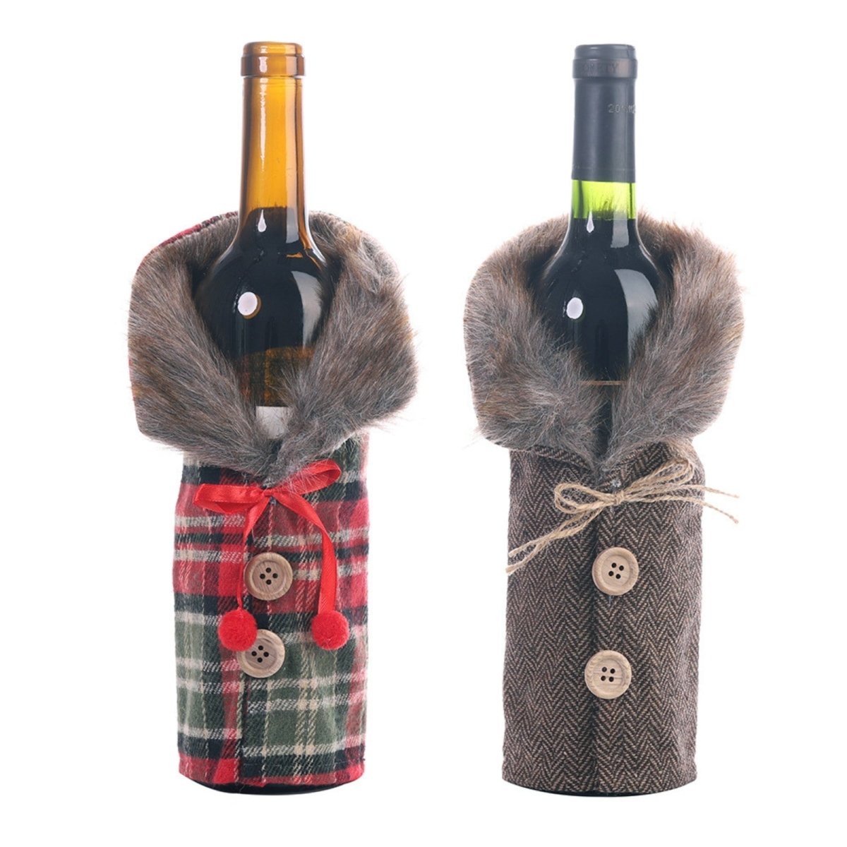 Set of two luxury holiday wine bottle covers by Kouvr, one in red and green plaid and one in brown tweed, both with faux fur collars, on a white background.