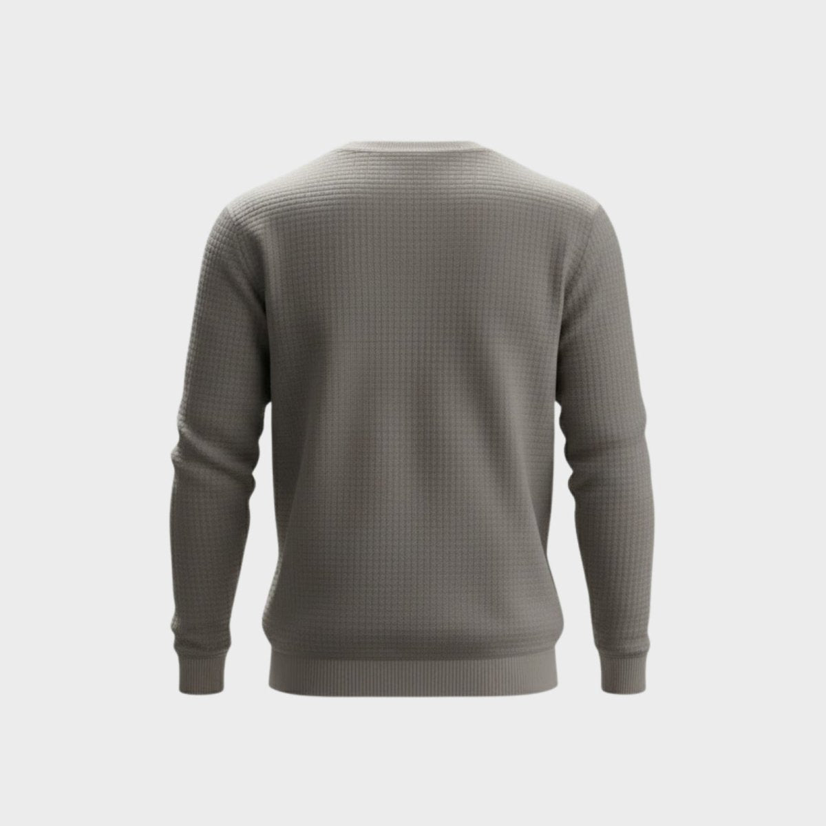 Back view of the Kouvr men's long sleeve crewneck sweater in grey on a clean white background.