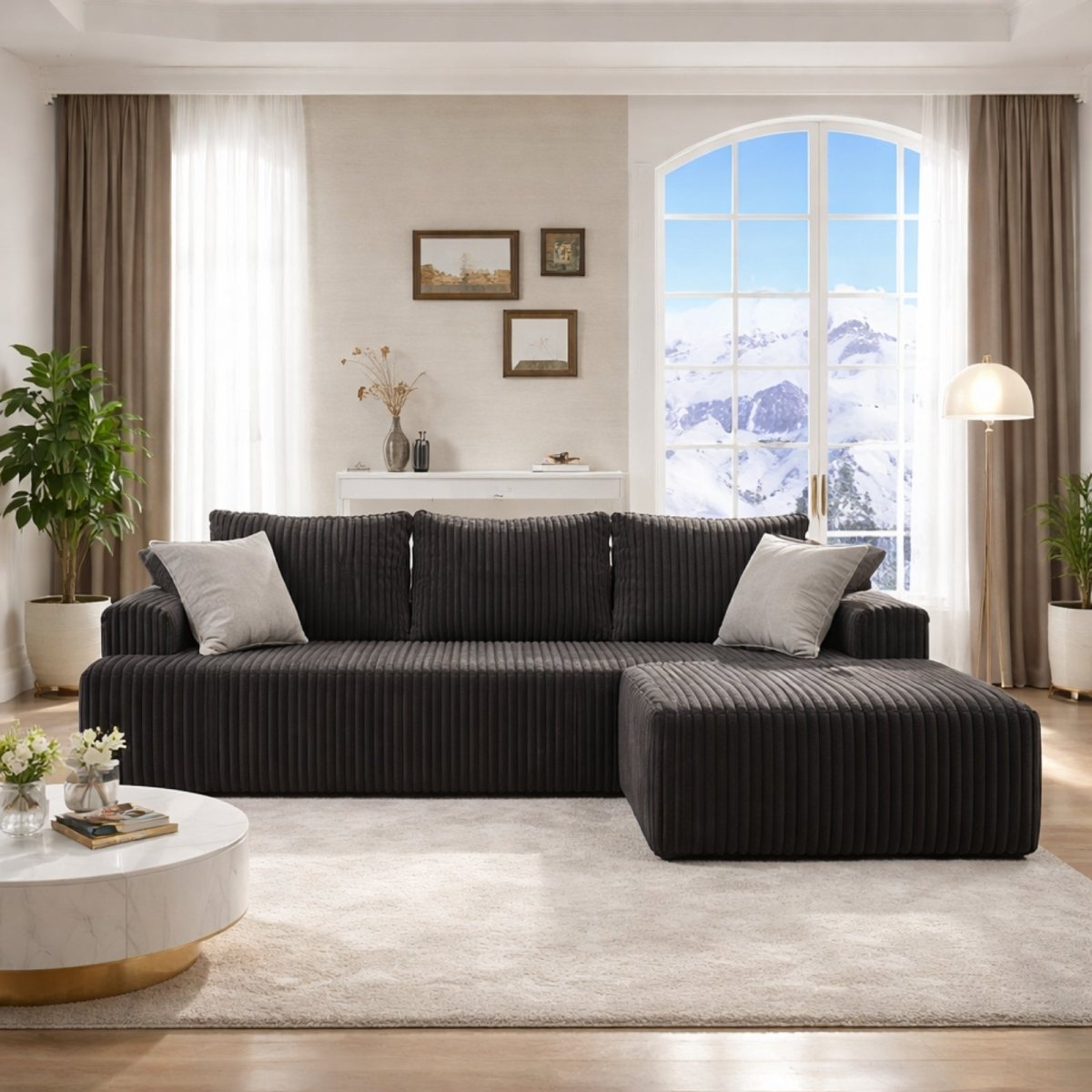 Close up detail of Kouvr sofa showing removable washable cover zipper mechanism and high-texture corduroy fabric quality.