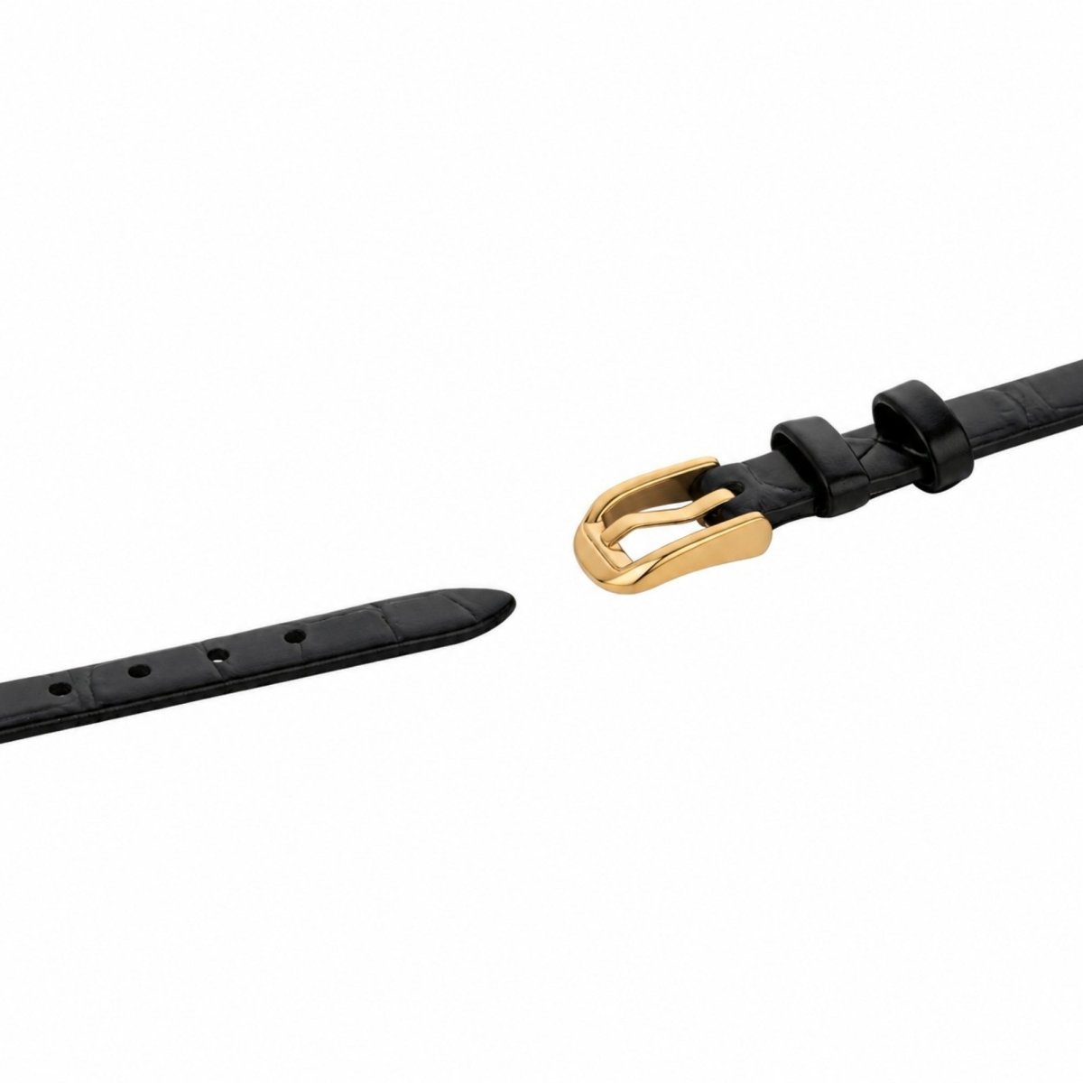 Close-up detail of the Kouvr watch's premium black embossed leather strap and adjustable gold-tone buckle hardware.