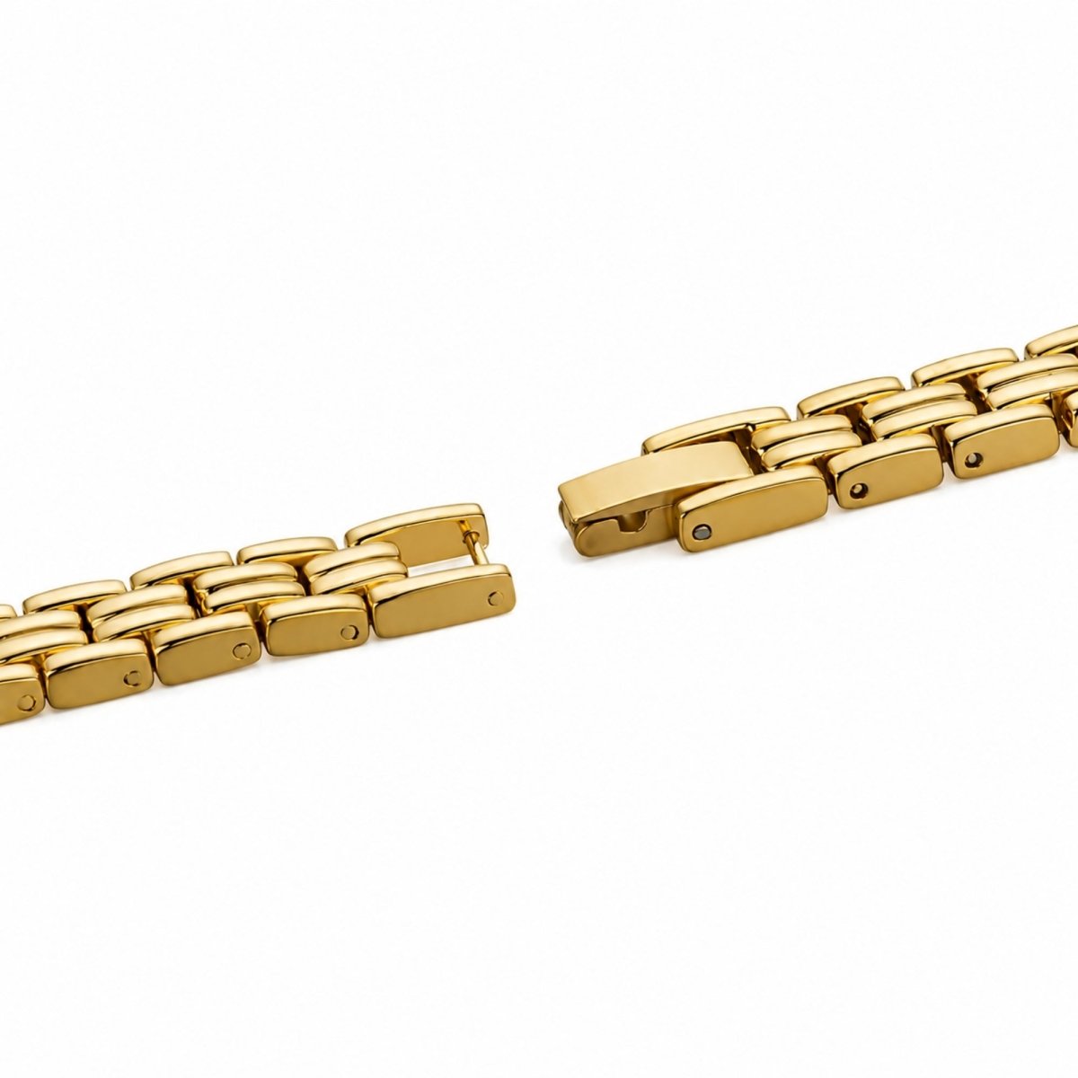 Close up detail of the secure jewelry deployment clasp on the Kouvr gold tone women's watch.