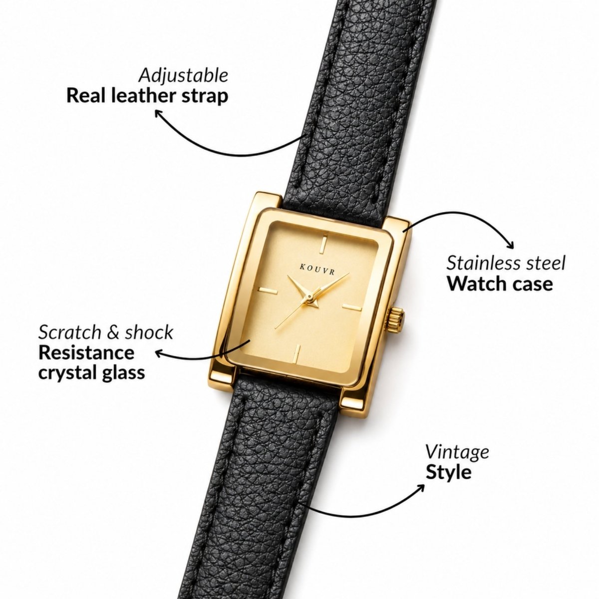 Diagram of Kouvr watch features highlighting the adjustable real leather strap, stainless steel watch case, scratch and shock resistance crystal glass, and vintage style design.