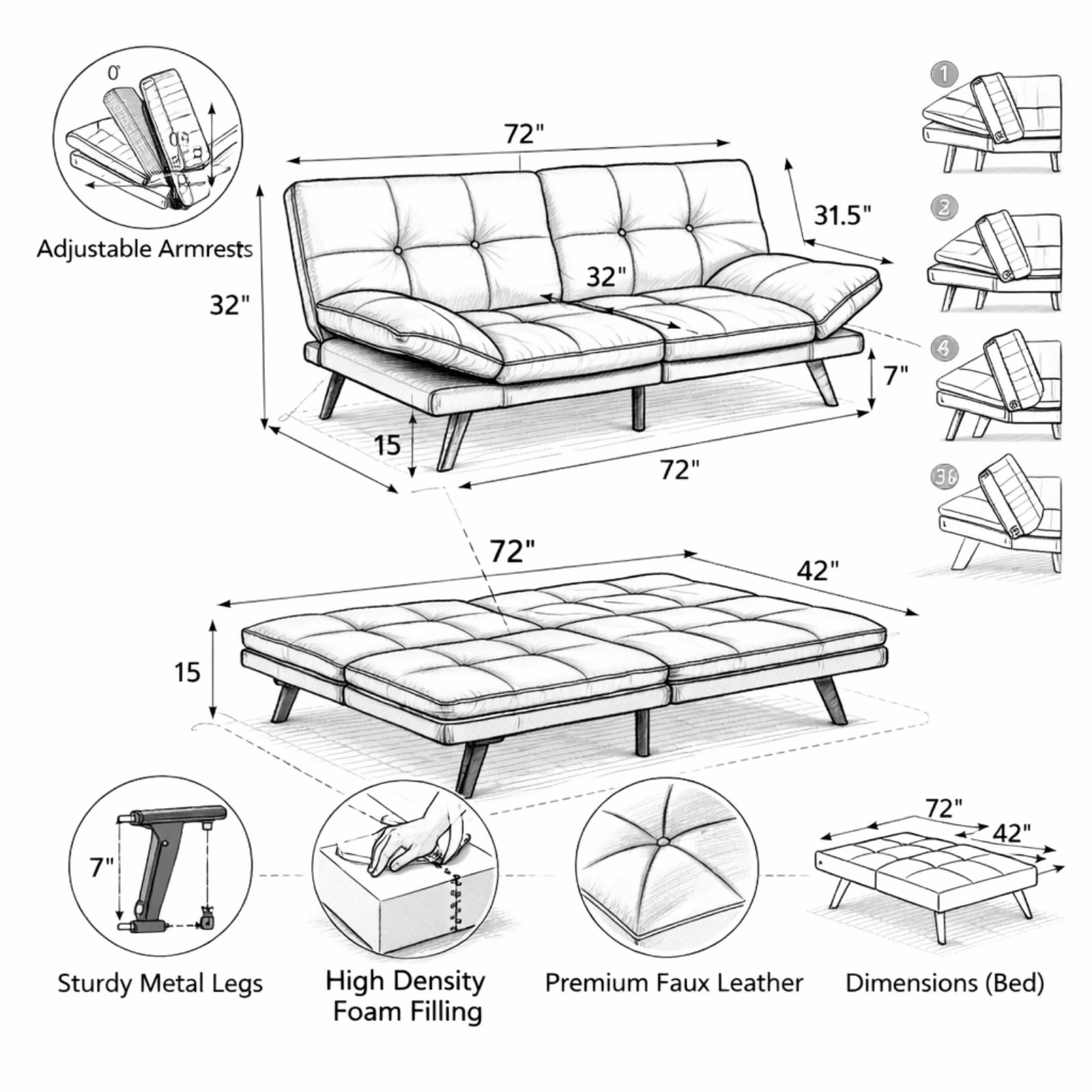 Close up of hand pressing into high-density memory foam cushion and water droplets beading off the waterproof faux leather surface.