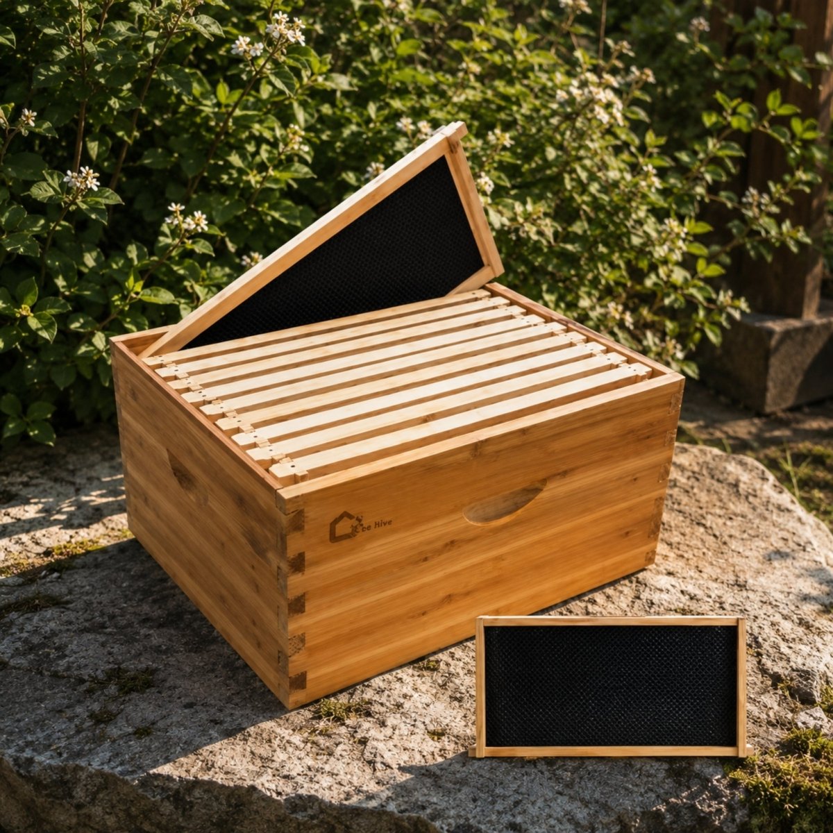 Natural bamboo and cedar Kouvr beekeeping brood box sitting on a stone in a garden, displaying ten perfectly spaced wooden frames with black wax-coated foundations.