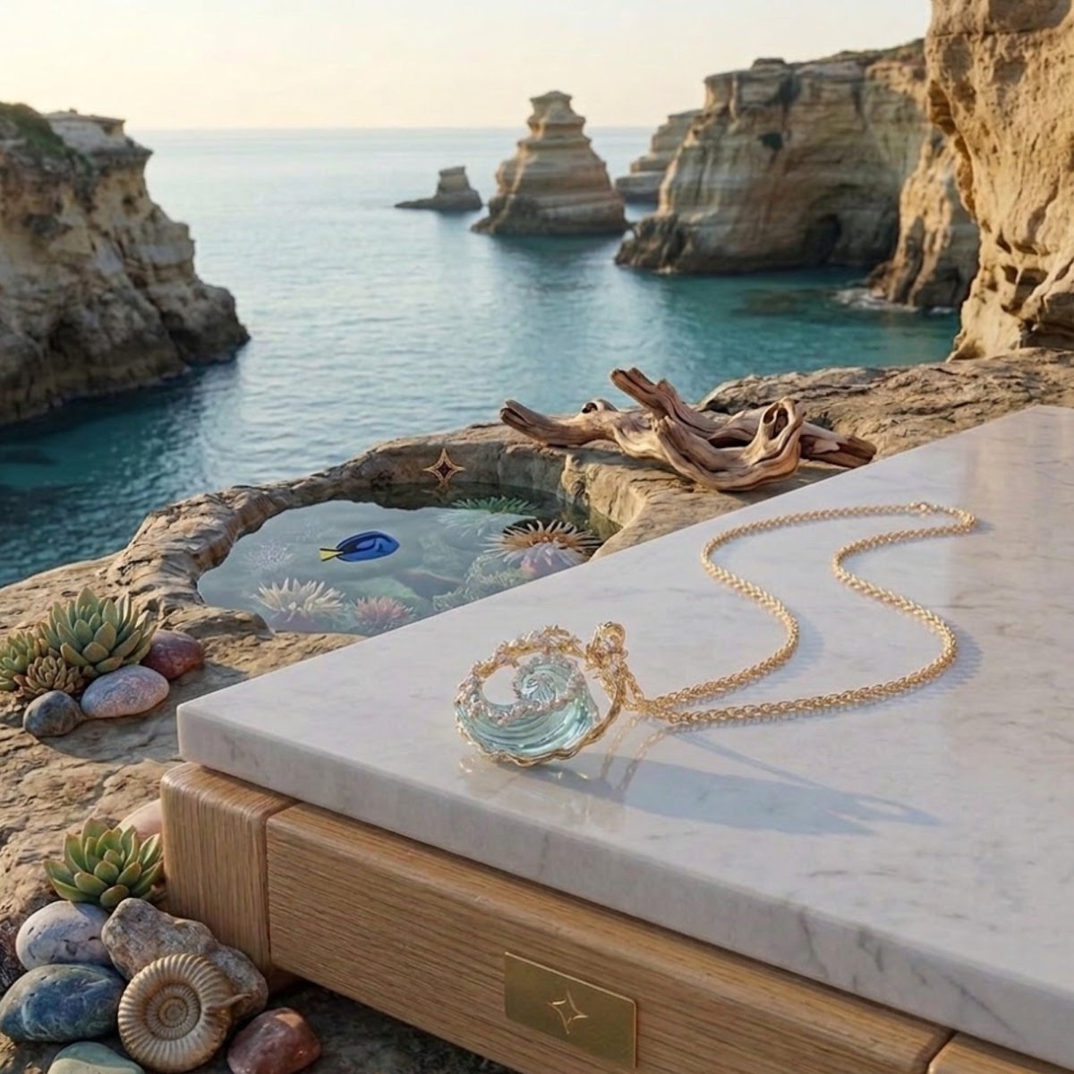 The Kouvr Ocean Wave necklace displayed on a white marble-topped jewelry box against a stunning coastal cliff and sea backdrop.
