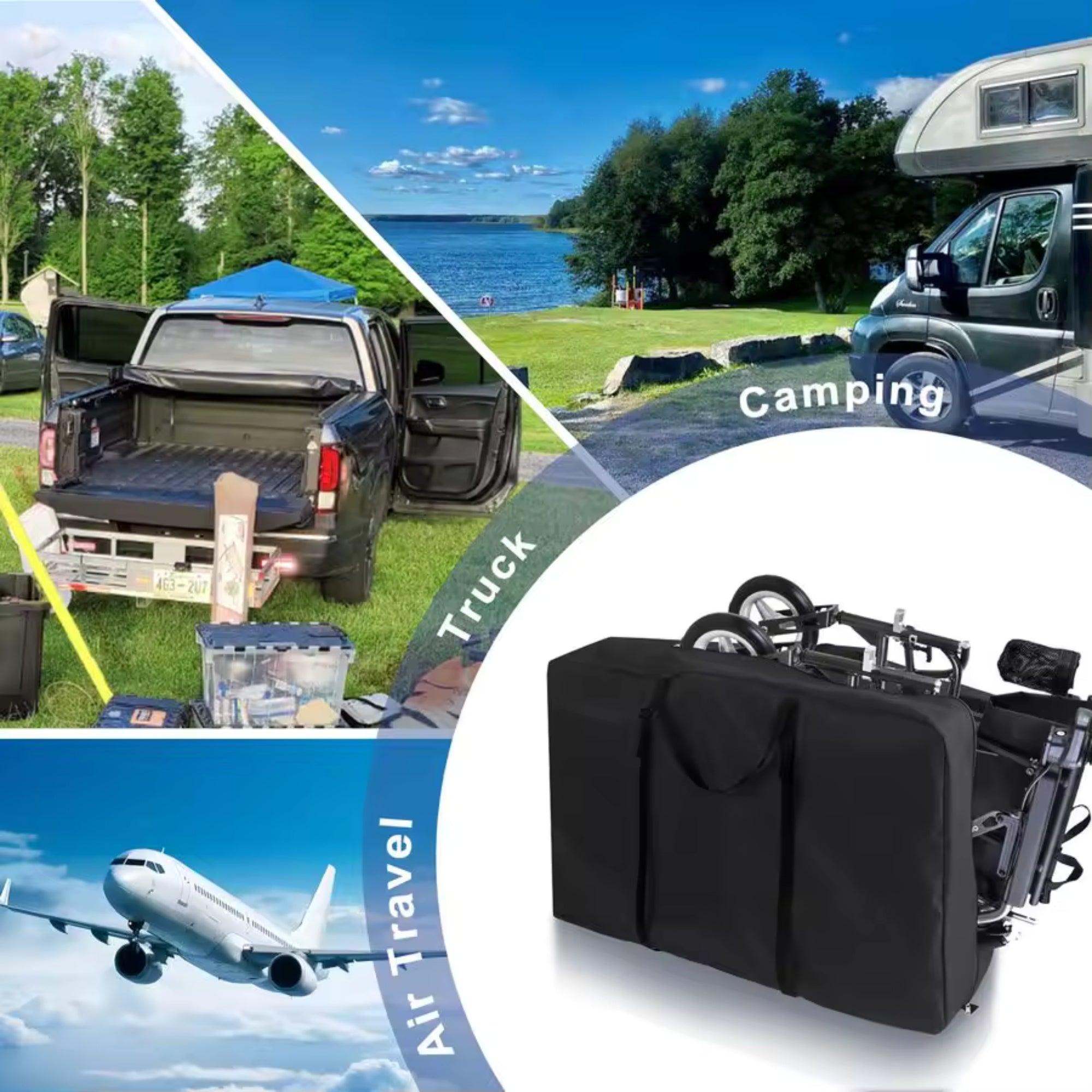 Kouvr multi-use transport bag shown securely holding a folded transport wheelchair, with lifestyle backgrounds illustrating uses for air travel, lakeside camping, and truck bed transport.