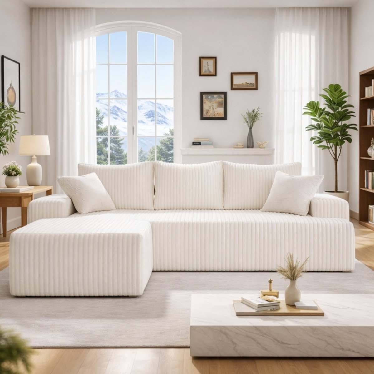 Kouvr modular sectional sofa in cream wide-wale corduroy featuring deep seats and ottoman, set against a modern bright living room background.