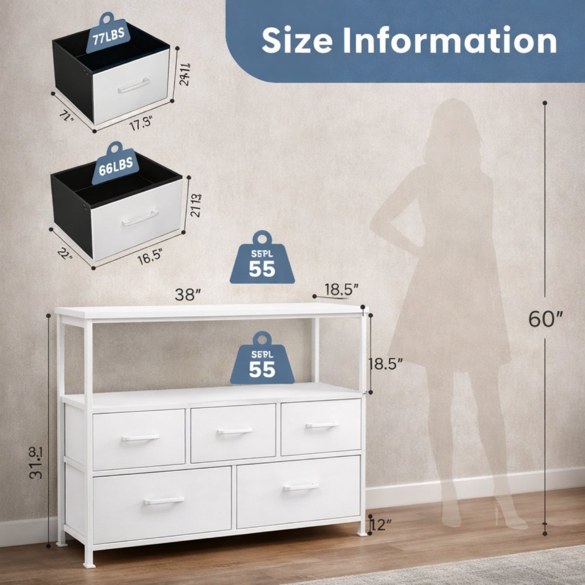 Detailed dimensions of the Kouvr 5-drawer white dresser showing its 38-inch width and storage capacity alongside a 60-inch human silhouette for scale.