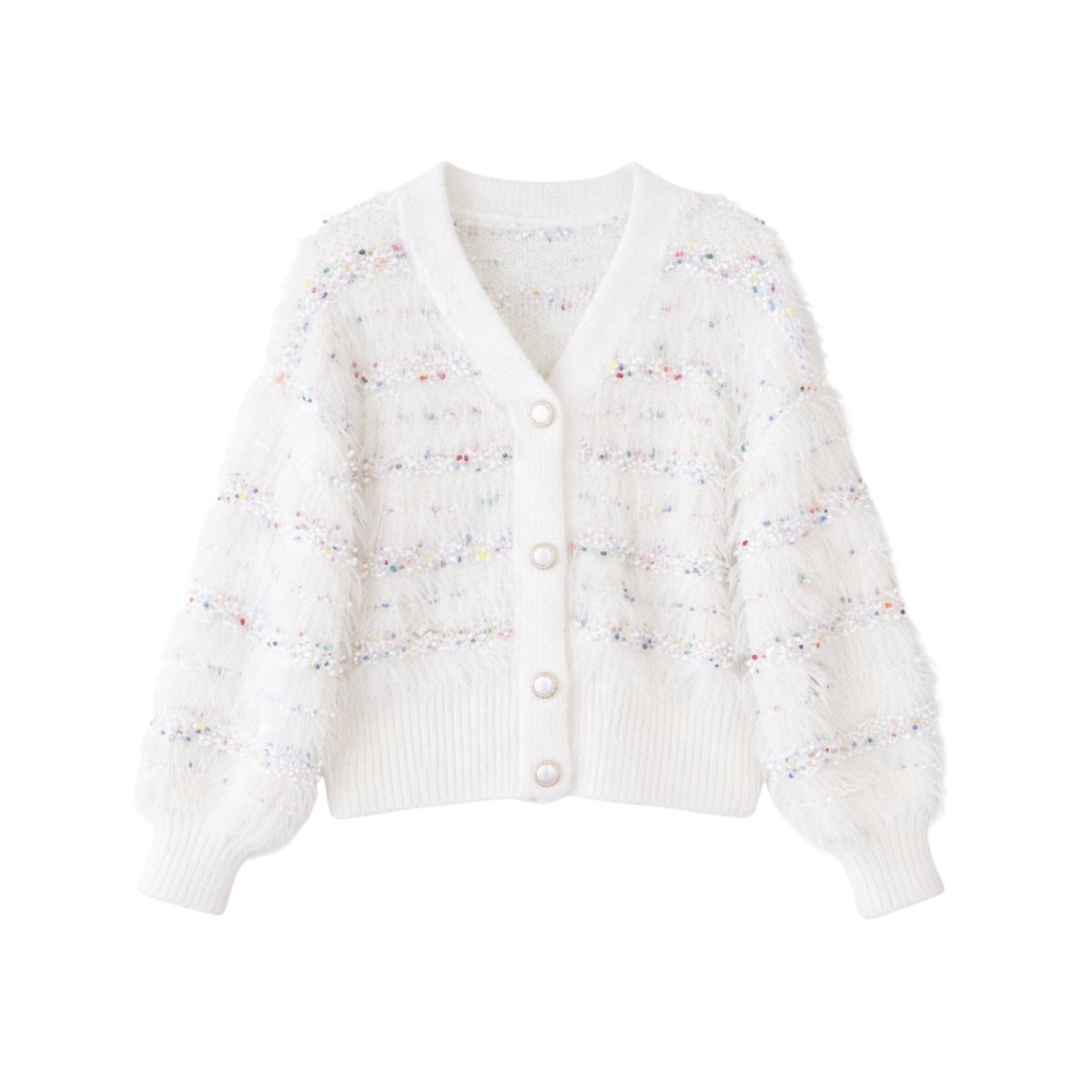Flat lay of the Kouvr white V-neck cardigan showing the fuzzy texture, multi-color flecks, and pearl button details.