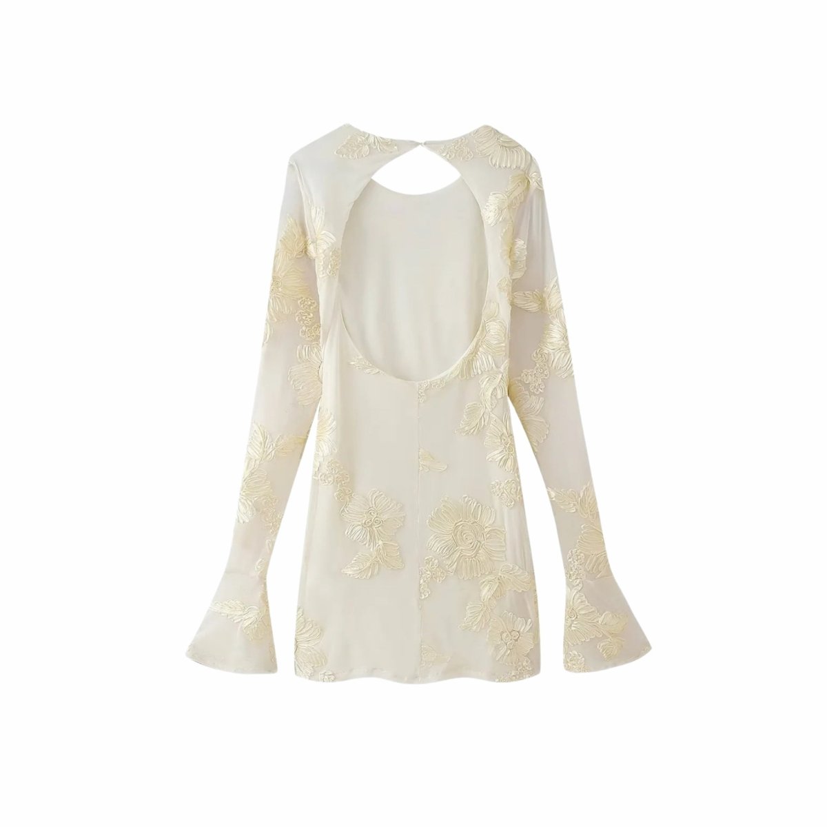 Flat lay back view of open back long sleeve party dress by Kouvr