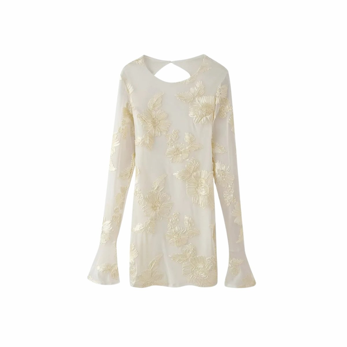 Flat lay front view of white floral applique mesh mini dress by Kouvr