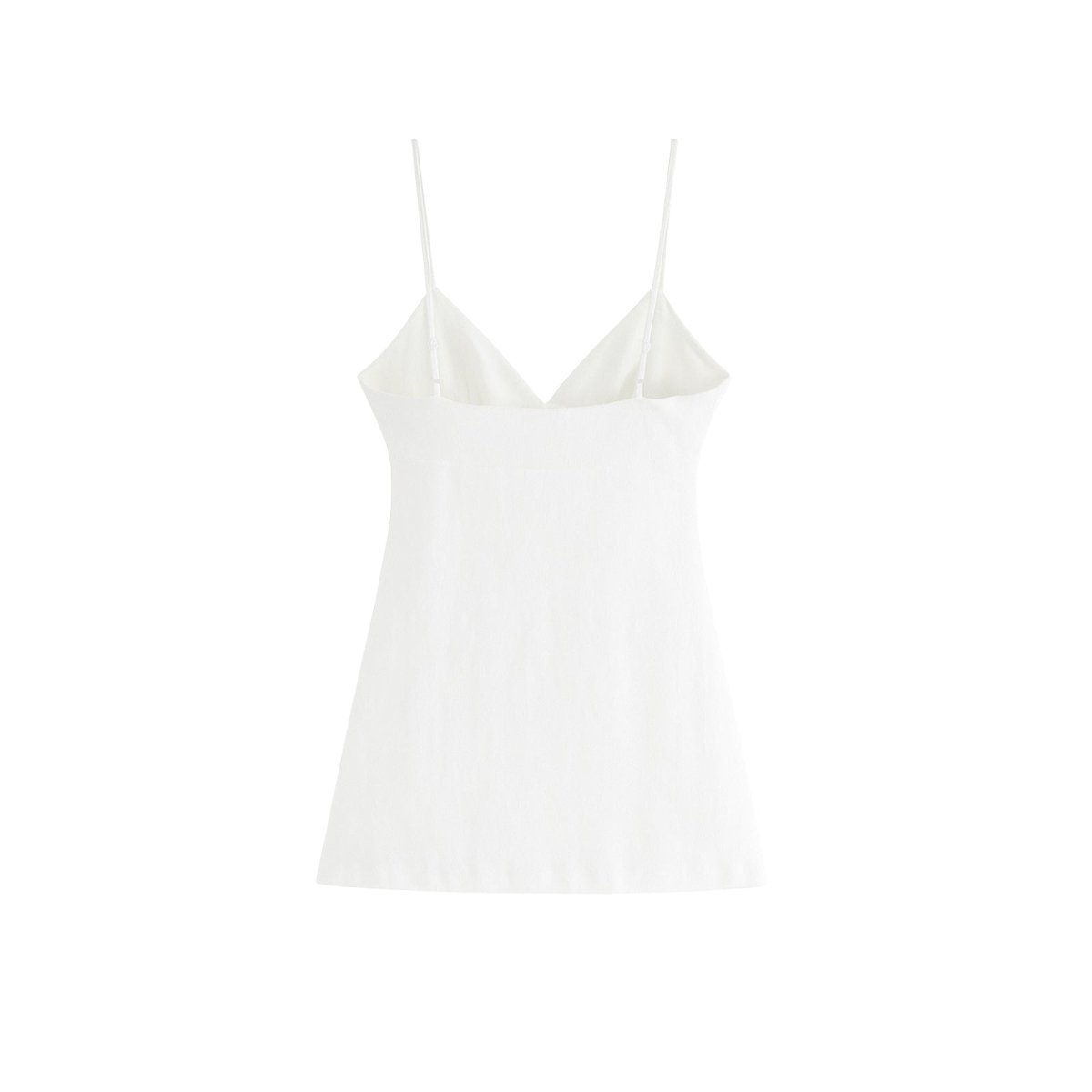 Rear view of the white beaded camisole on a white background, showing the straight back neckline and clean seam construction.