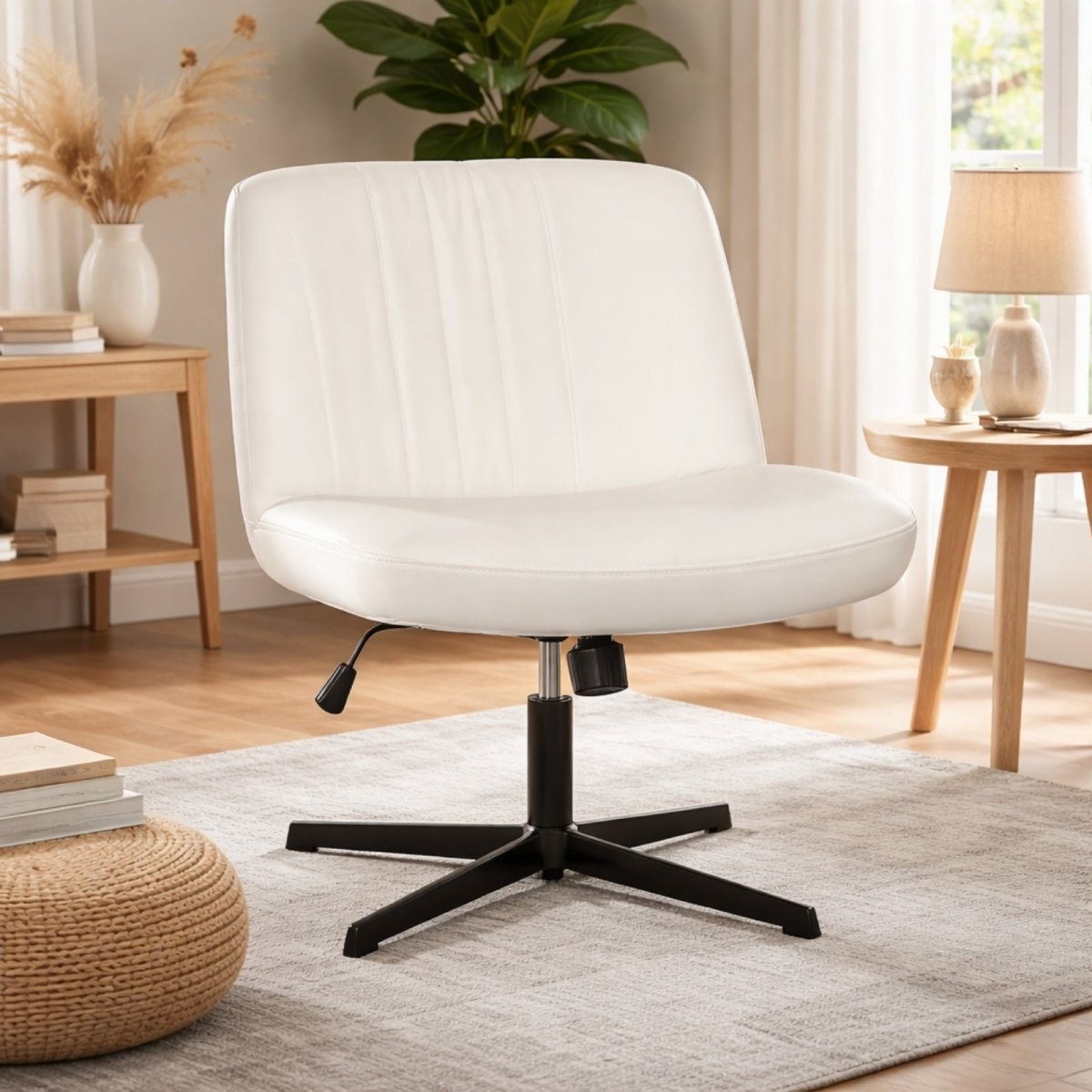 Modern white faux leather vanity chair with U-shaped cushion and ergonomic tilt tension knob.
 