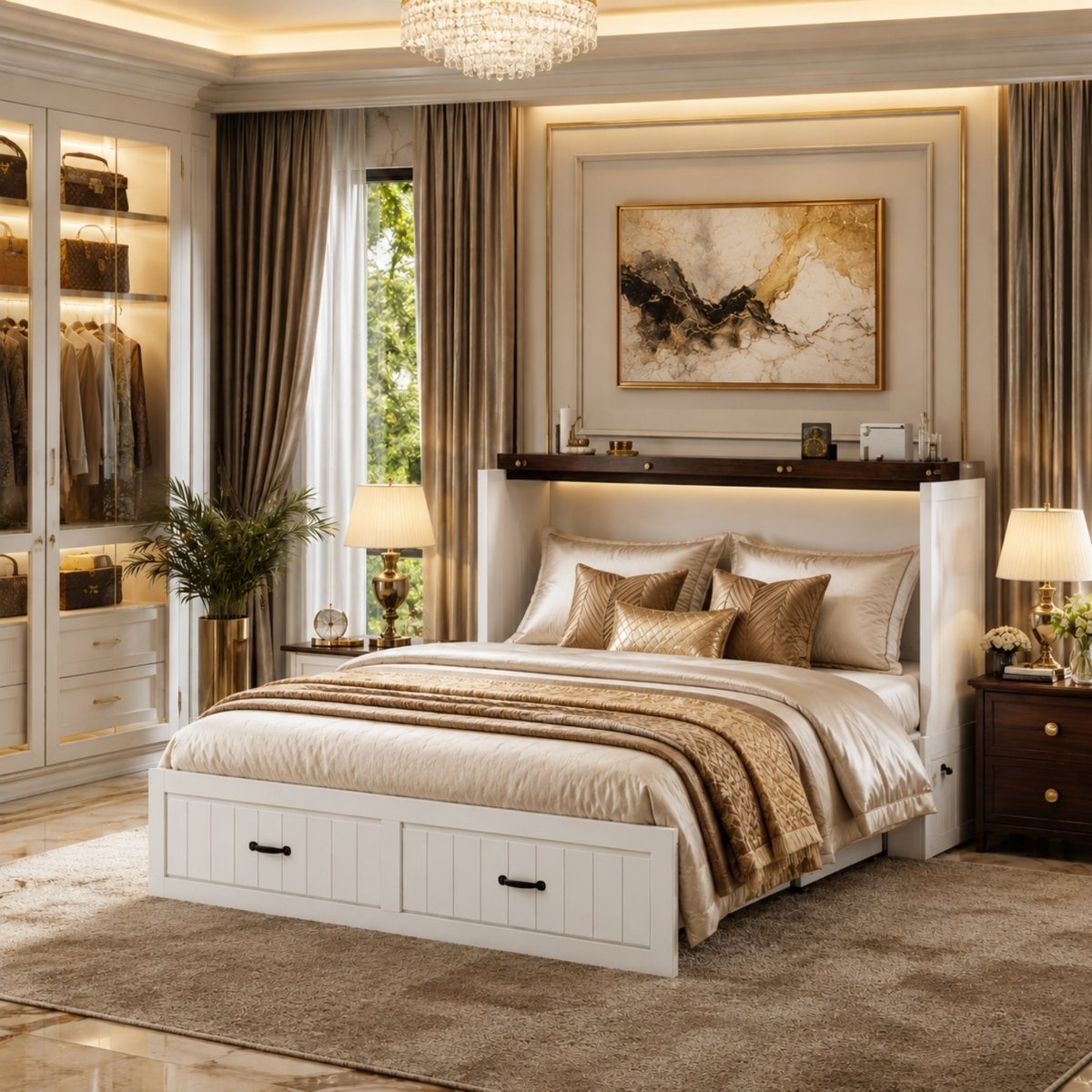 White wooden Queen cabinet bed fully open in a luxurious bedroom setting by Kouvr.