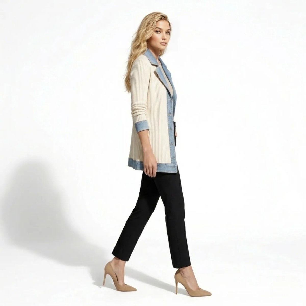 Side profile of female model wearing Kouvr ribbed knit denim contrast sweater blazer showing hem and cuff detailing